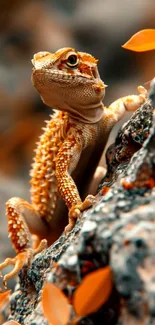 Vibrant lizard climbing on rocky surface with orange leaves.