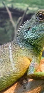 Close-up of a vibrant green lizard perched on a tree branch.