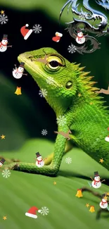 Green lizard on leaves with dragon emblem design.