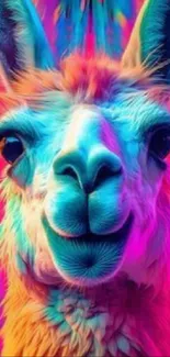 Colorful llama with psychedelic hues and vibrant background art.