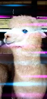 Cute llama with neon pink and blue glow in vibrant mobile wallpaper.