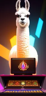 Whimsical llama digital art with vibrant geometric shapes.