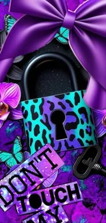 Purple bow, teal lock, floral background