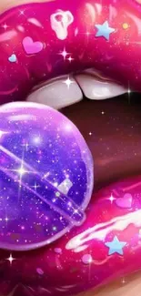 Glossy magenta lips with a purple galaxy lollipop.