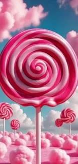 Pink lollipop fantasy with fluffy clouds and candy landscape.