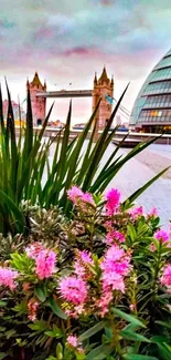 Colorful London cityscape with flowers and iconic architecture.