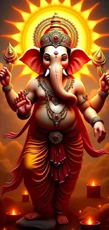 Illustrated Lord Ganesha with a radiant background.