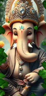 Artistic depiction of Lord Ganesha with vibrant colors and leafy accents.