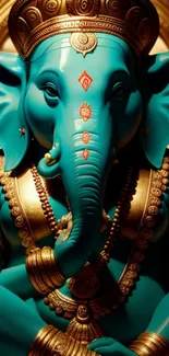 Vibrant turquoise Lord Ganesha with gold details.