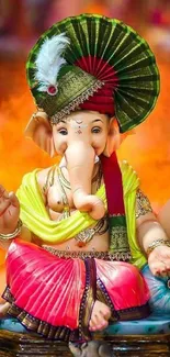 Colorful Lord Ganesha mobile wallpaper with vibrant orange background.