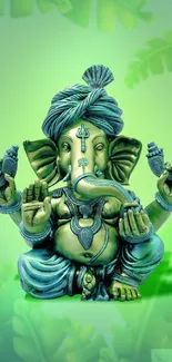 Vibrant Lord Ganesha with tropical leaves background.