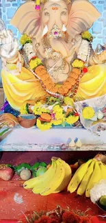 Vibrant Lord Ganesha adorned with flowers in a divine setting.