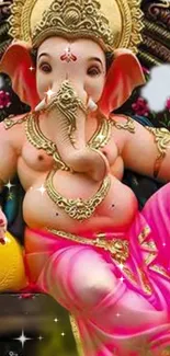 Vibrant illustration of Lord Ganesha in pink and gold hues.