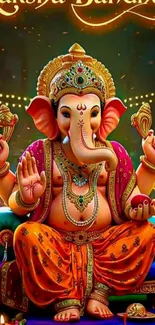 Colorful image of Lord Ganesha in a festive setting.
