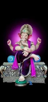 Colorful Lord Ganesha sitting with vibrant purple background.