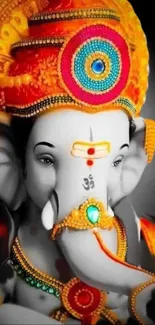 Colorful depiction of Lord Ganesha in vibrant traditional attire.