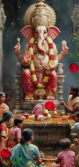 Colorful Lord Ganesha with devotees in temple scene.