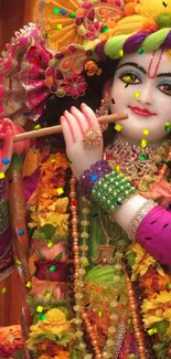 Colorful Lord Krishna playing flute, vibrant spiritual art.