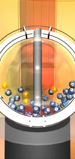 Lottery machine with colorful balls inside a transparent sphere.