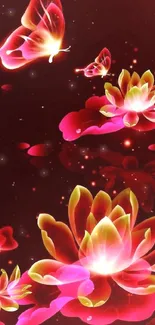 Vibrant lotus flowers and butterflies on a deep red background.