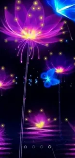 Vibrant neon lotus flowers with blue butterflies on dark background.