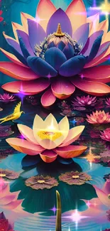 Vibrant lotus flowers with colorful reflections.