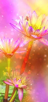 Vibrant lotus flowers with pink and orange hues set against a dreamy background.