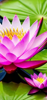 Vibrant pink lotus flower with green lily pads wallpaper.