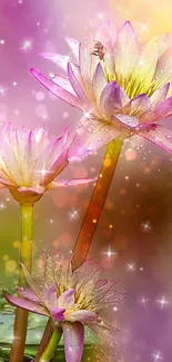 Sparkling pink water lilies with a dreamy background.