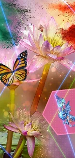 Colorful lotus flowers with butterfly and dragon art design.