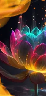 Vibrant colorful lotus fantasy digital art on black background.