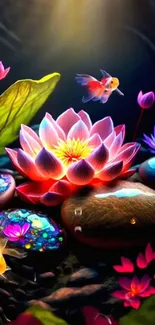 Vibrant fantasy wallpaper with glowing lotus, colorful fish, and stones.