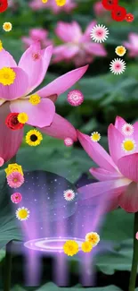 Pink lotus flowers with colorful petals against lush green leaves.