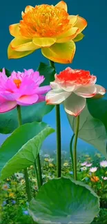 Vibrant lotus flowers with a cyan backdrop.