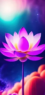 Vibrant pink lotus against a purple galaxy backdrop with cosmic elements.