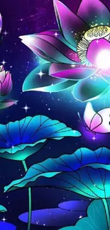 Vibrant neon lotus flowers against a galaxy backdrop.