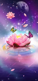 Vibrant lotus with butterflies in a cosmic galaxy background.