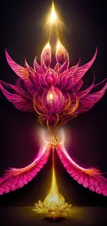 Glowing pink lotus with golden accents in a mystical design.