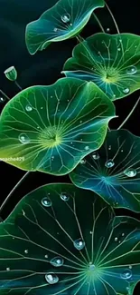 Abstract vibrant lotus leaves with water droplets.