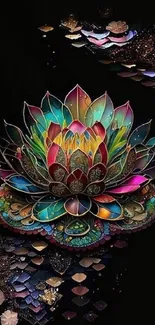 A vibrant and colorful lotus flower wallpaper with intricate details, set on a black background.