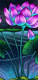 Purple lotus flowers under a starry night sky, creating a mystical and serene scene.