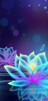 Vibrant lotus flowers glowing at night on a serene water surface with a starry sky.