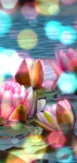 Vibrant lotus flowers with bokeh effect on water.