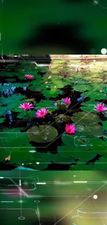 Vibrant pond wallpaper with pink lotus flowers and digital effects.