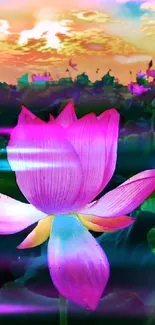 Vibrant purple lotus with sunset background.