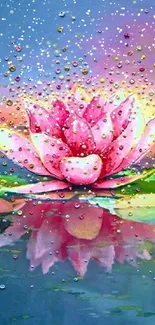 Colorful watercolor lotus flower with vibrant reflections.