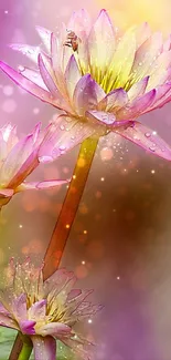 Vibrant pink lotus flowers with dew and mystical background.