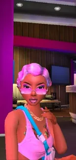 Stylish virtual character with pink hair in an urban setting.