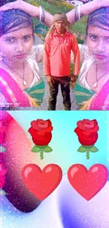 Colorful wallpaper with vibrant hearts, roses, and traditional cultural attire.