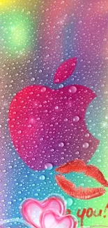 Vibrant wallpaper with Apple logo, colorful background, hearts, and kiss marks.